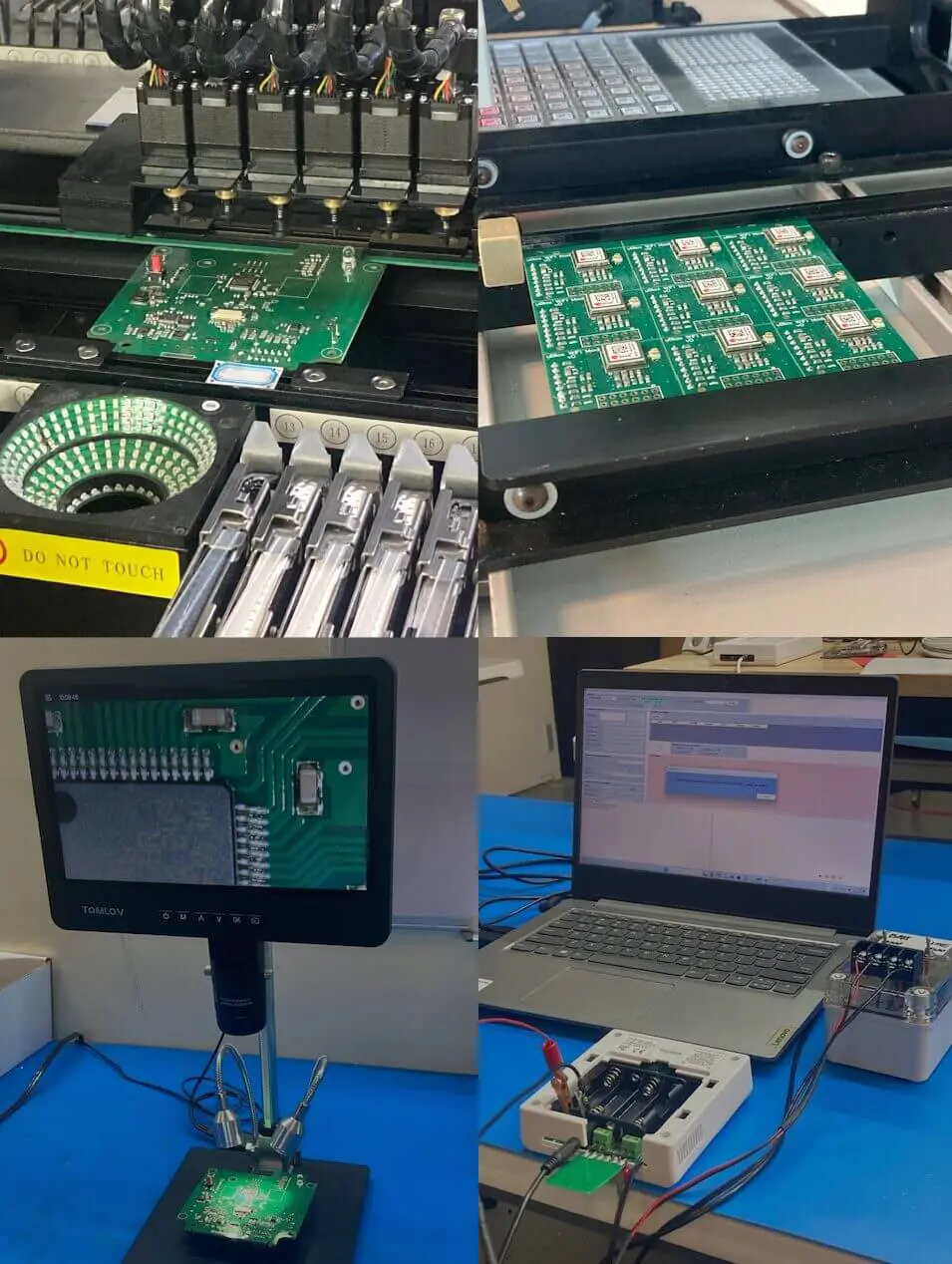 Electronic circuit boards and testing setup with a laptop and display screen.